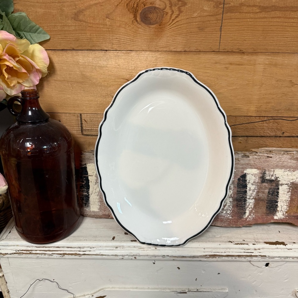 Classic White Ceramic Serving Platter with Black Trim